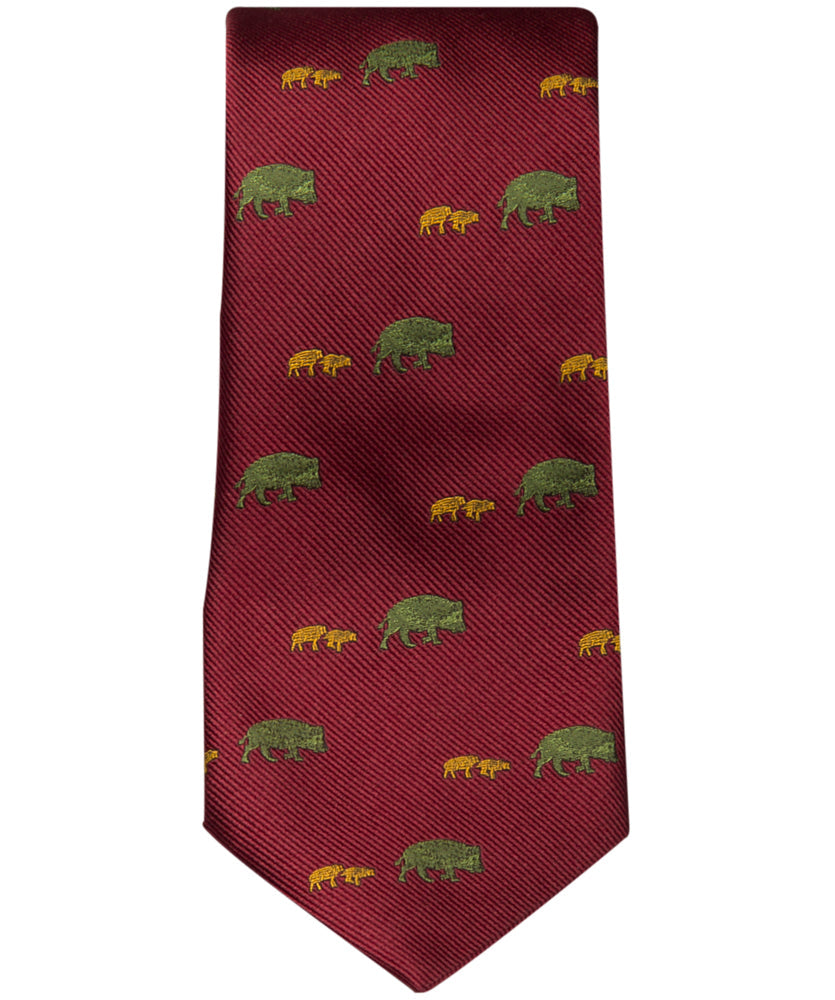 Krawatte mit Wildschweine Bordeaux Grün Gold