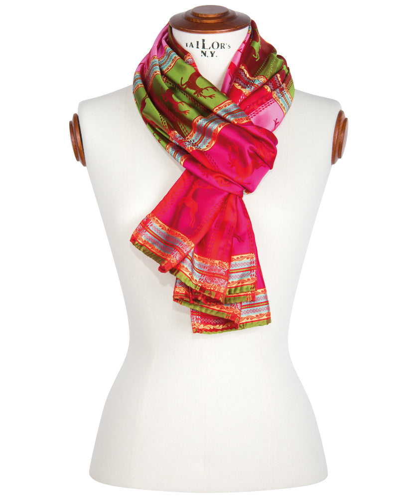 Seidenschal mit Hirschen & Ornamenten Beere Grün Blau Rosé