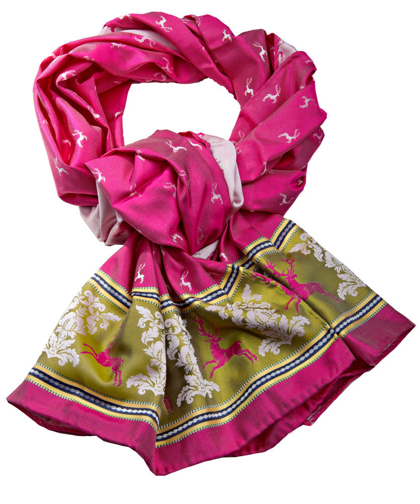 Seidenschal mit Hirschen Ornamenten Pink Grün Gelb