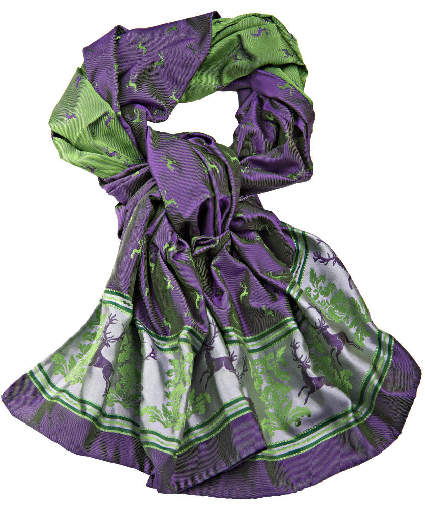 Seidenschal mit Hirschen Ornamenten Aubergine Grün Grau